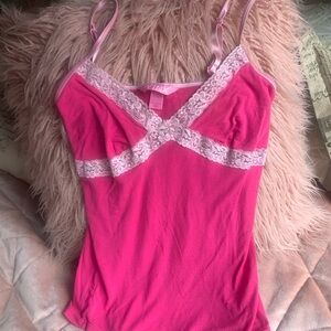 Y2K Victoria's Secret Pink Hot Pink Cami top with Light Pink Lace